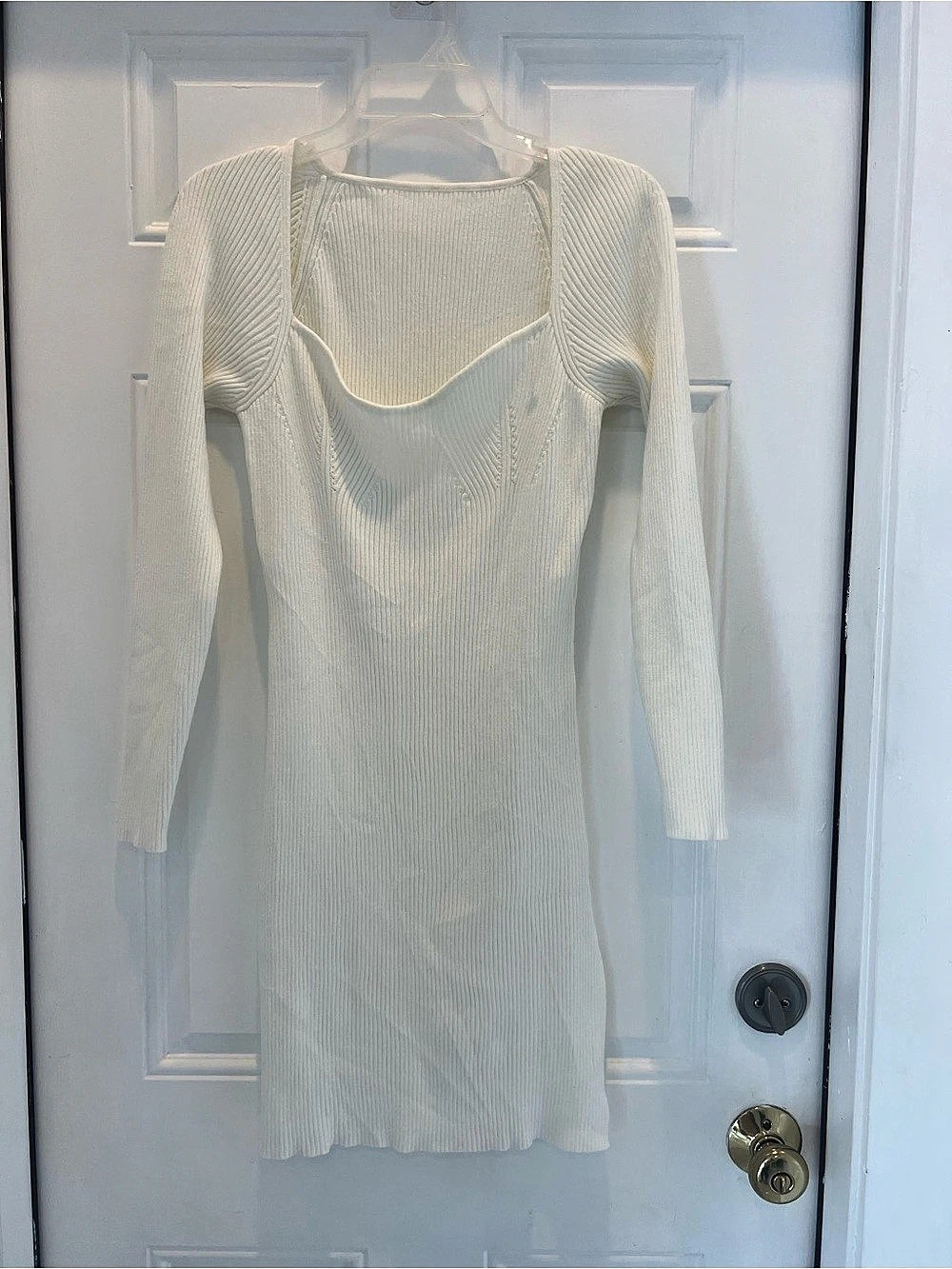 Women Ribbed Ivory Bodycon Mini Dress Long Sleeve Size M #1016
